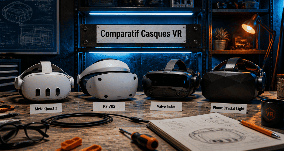meilleur casque vr Meta Quest 3 PS VR2 Valve Index Pimax sur table