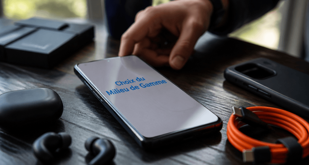 meilleur smartphone milieu de gamme posé sur table avec accessoires