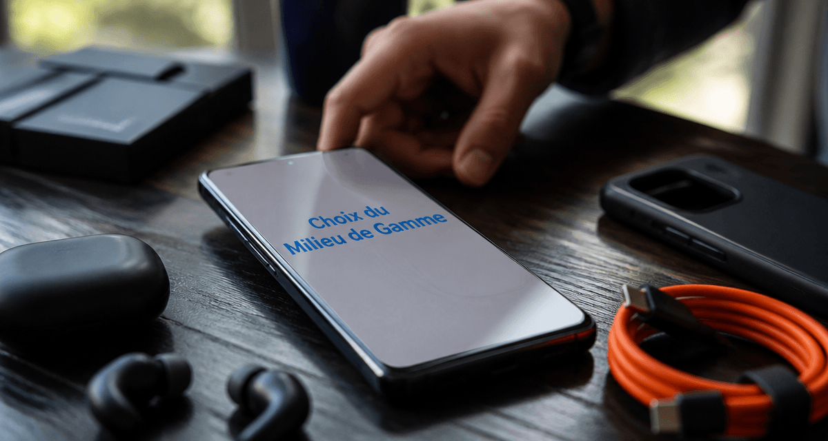 meilleur smartphone milieu de gamme posé sur table avec accessoires