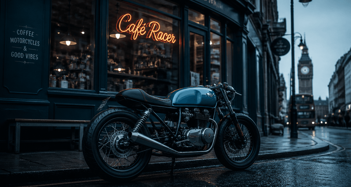 Moto cafe racer bleue devant café vintage à Londres