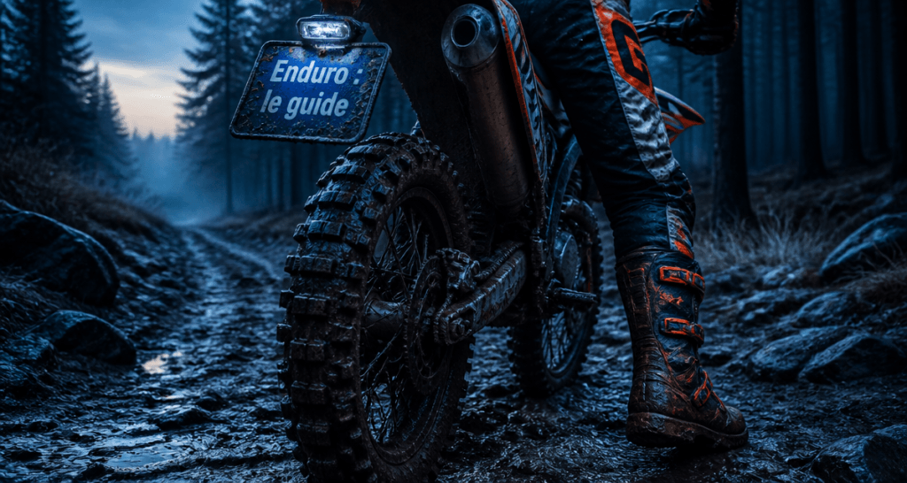 moto enduro moderne boueuse sur chemin forestier