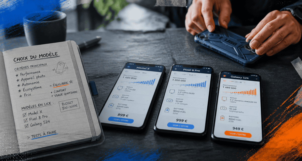 smartphone a 150 euros sur table avec accessoires