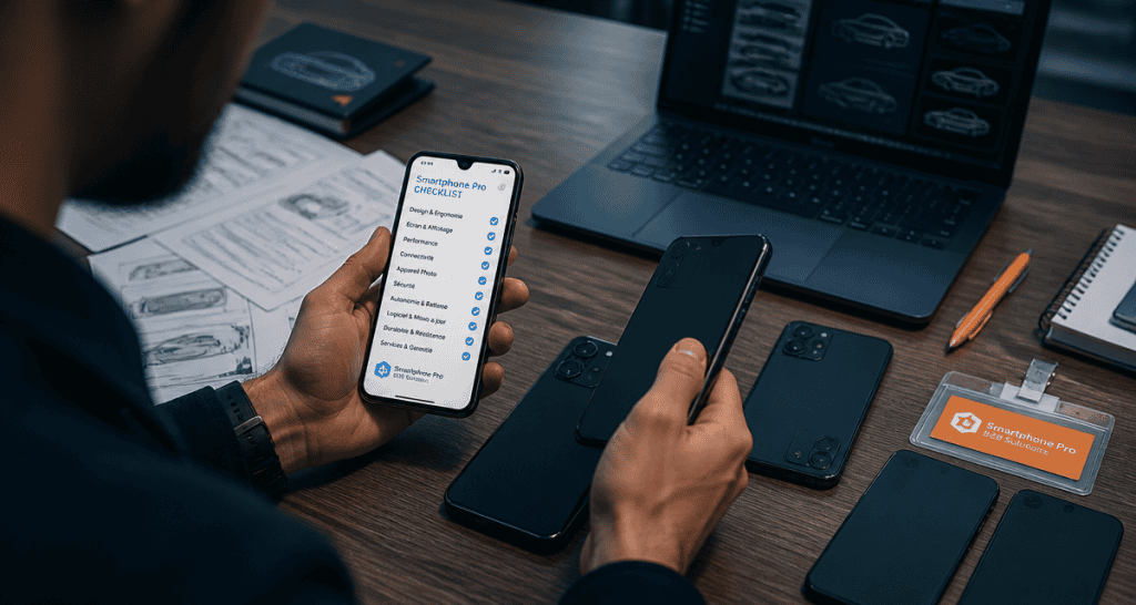 Collaborateur avec smartphone professionnel en entreprise