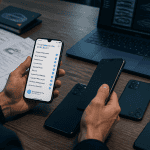 Collaborateur avec smartphone professionnel en entreprise