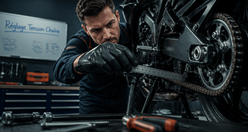 Mécanicien vérifie tension chaine moto avec réglet