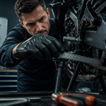 Mécanicien vérifie tension chaine moto avec réglet