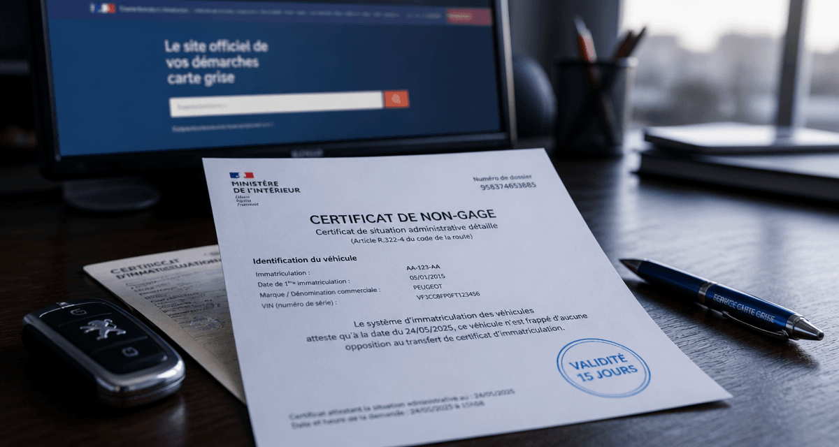 validité de certificat de non gage sur bureau avec clé et carte grise