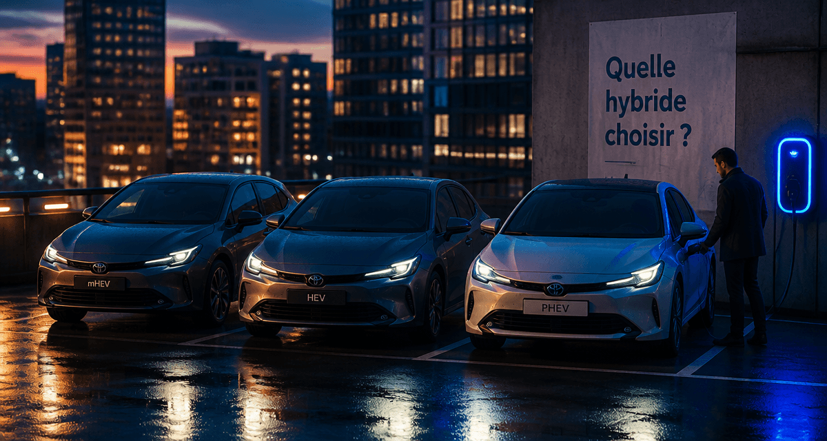 voiture hybride avis trois modèles sur parking urbain