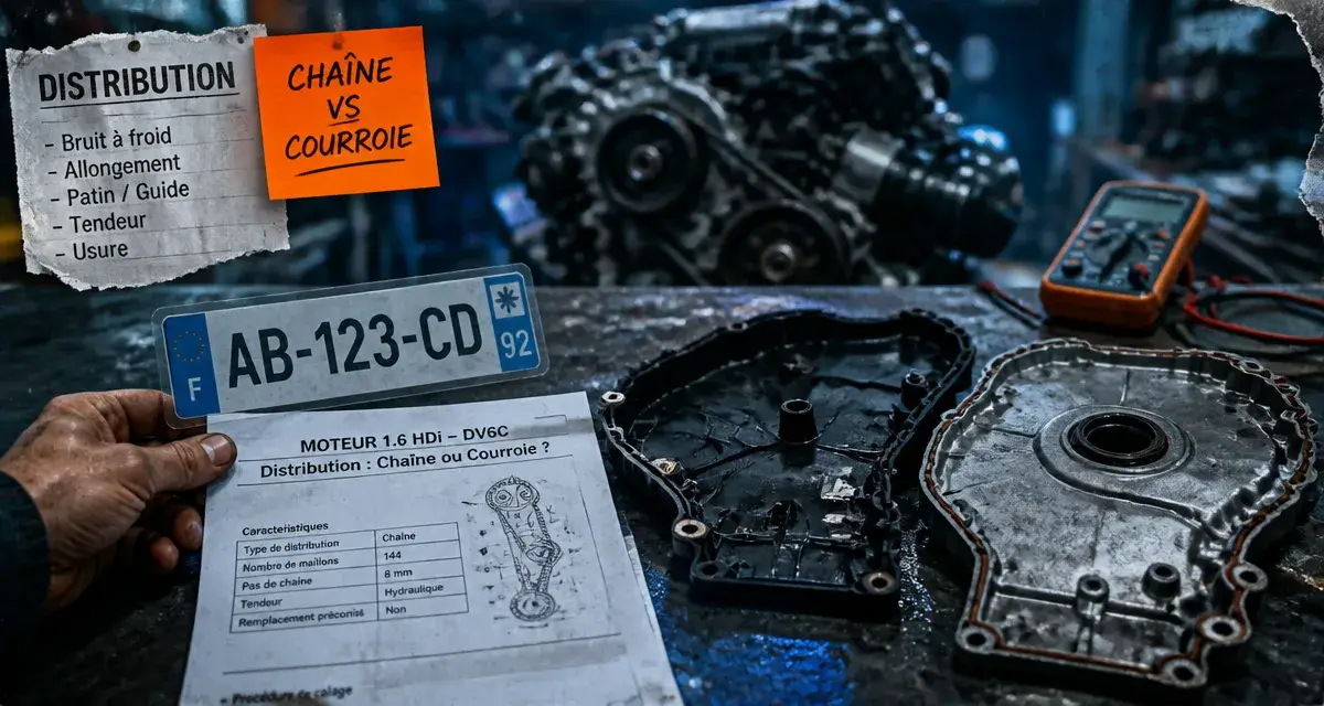 Carter de distribution moteur et plaque immatriculation : chaine ou courroie