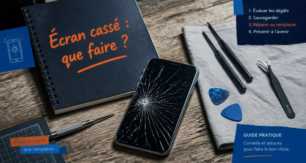 comment reparer un ecran de telephone cassé sur plan de travail avec outils