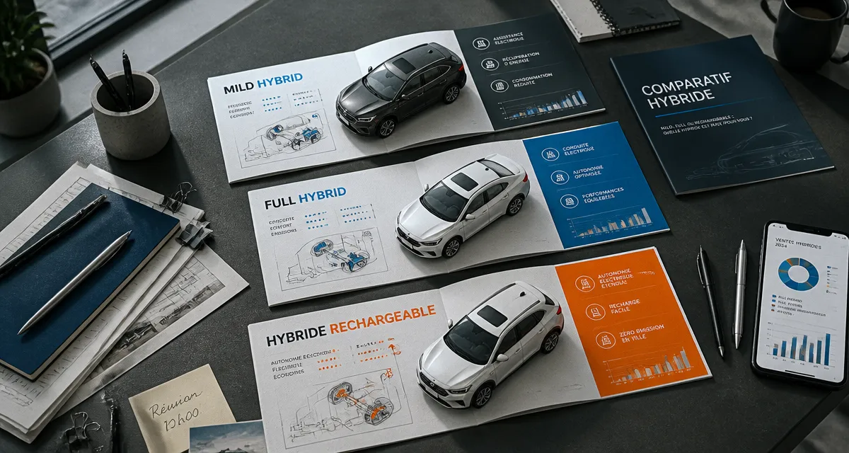 Comparateur voiture hybride avec brochures et miniatures