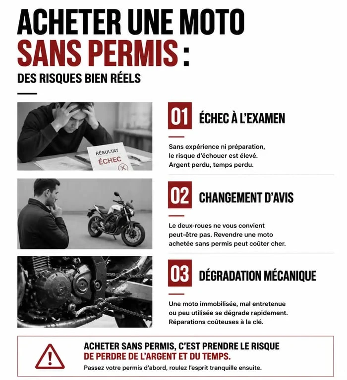 Infographie des risques liés à l'achat d'une moto sans permis de conduire