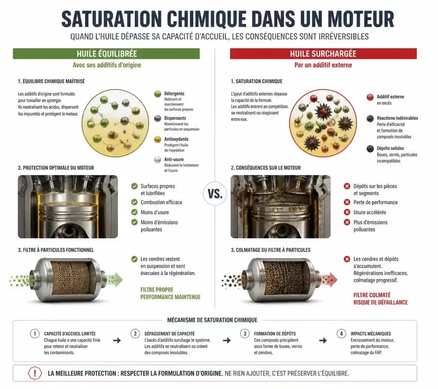 Schéma explicatif des dangers liés à l'ajout d'un additif huile moteur : saturation chimique et colmatage du filtre à particules