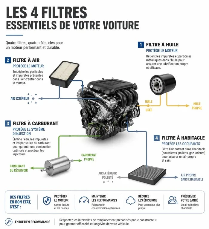 Infographie explicative des quatre filtres essentiels pour une vidange avec tous les filtres prix et entretien automobile.