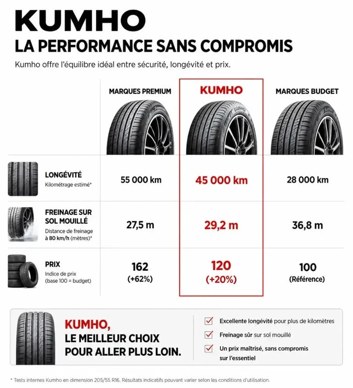 Comparatif des performances des pneus Kumho face aux marques premium et budget pour aider à choisir ses pneus.