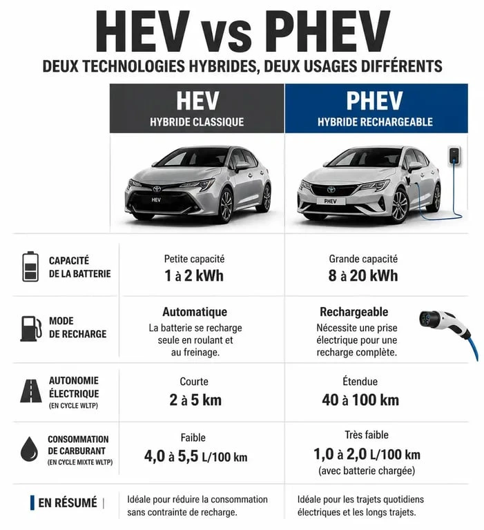 Infographie comparative des différences entre voiture hybride classique et hybride rechargeable