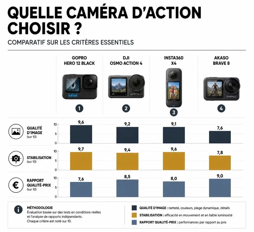 Infographie comparative des meilleures alternatives à GoPro : DJI, Insta360, Akaso et Wolfang