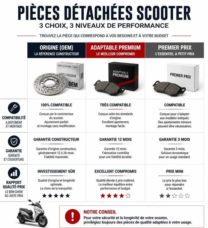 Comparatif des types de pièces détachées pour scooter : origine, adaptable premium et premier prix