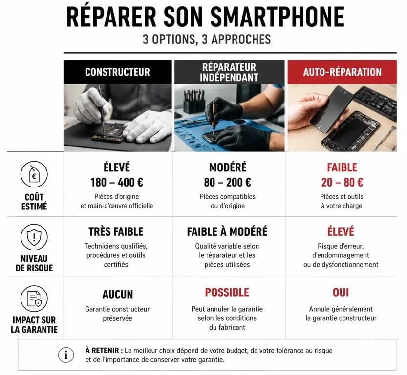 Comparatif des options pour réparer un écran de téléphone cassé : constructeur, réparateur ou DIY