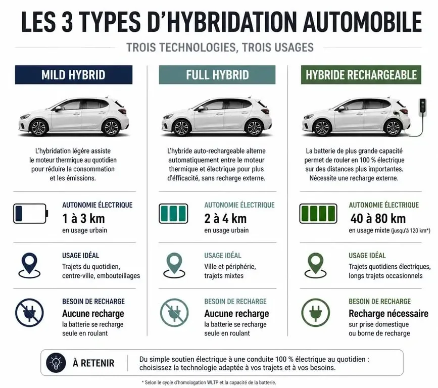 Infographie comparative des technologies de voitures hybrides : Mild Hybrid, Full Hybrid et Hybride Rechargeable pour aider à choisir le meilleur modèle.