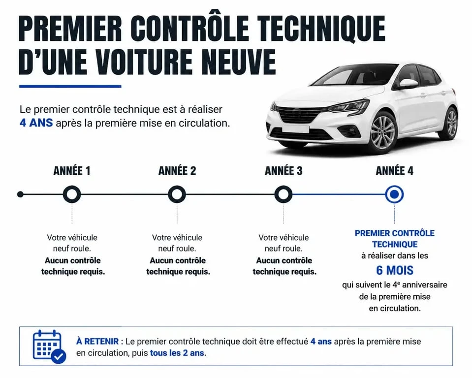 Infographie illustrant le calendrier du premier contrôle technique pour voiture neuve