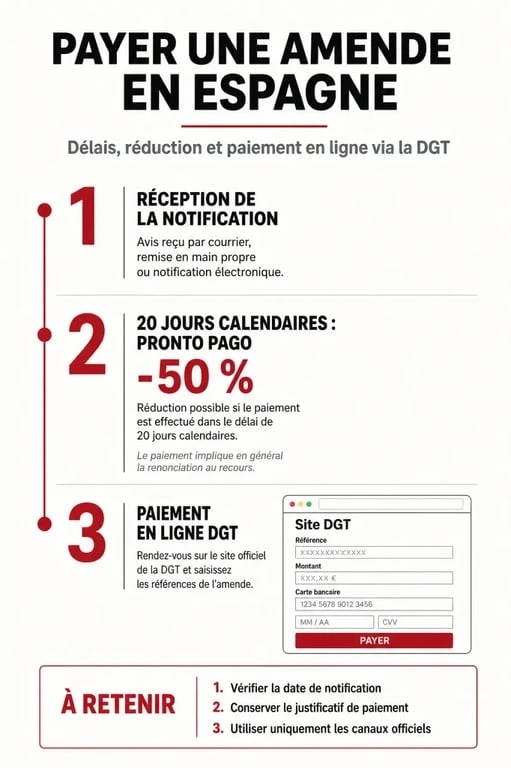 Infographie sur la procédure de paiement d'une amende en Espagne pour un français et le mécanisme de réduction de 50%.