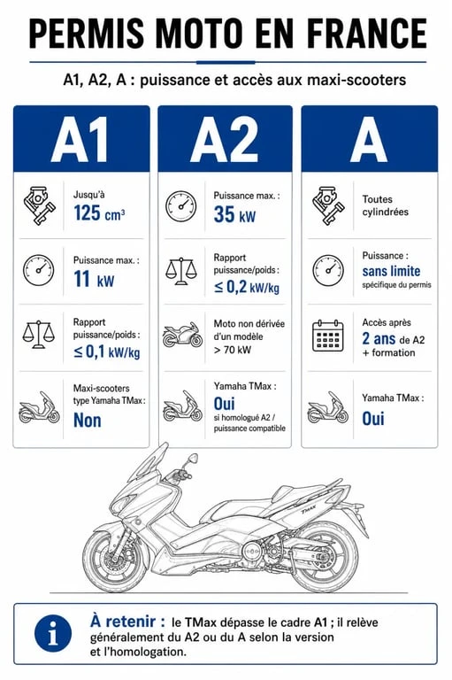 Tableau comparatif des catégories de permis moto pour conduire un Yamaha TMax en France