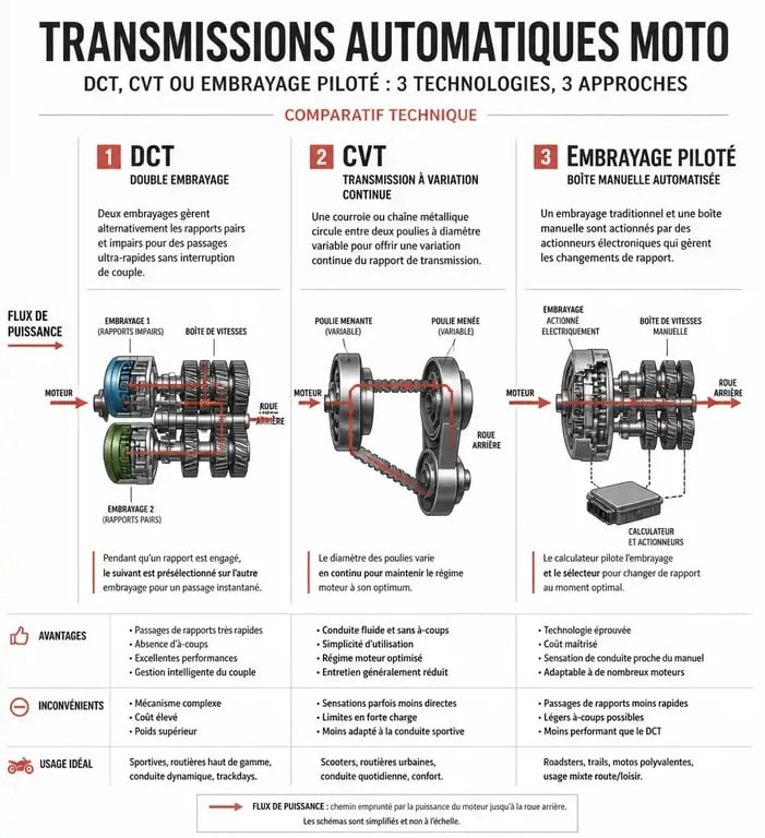 Schéma comparatif des technologies de transmission pour moto automatique : DCT, CVT et embrayage piloté