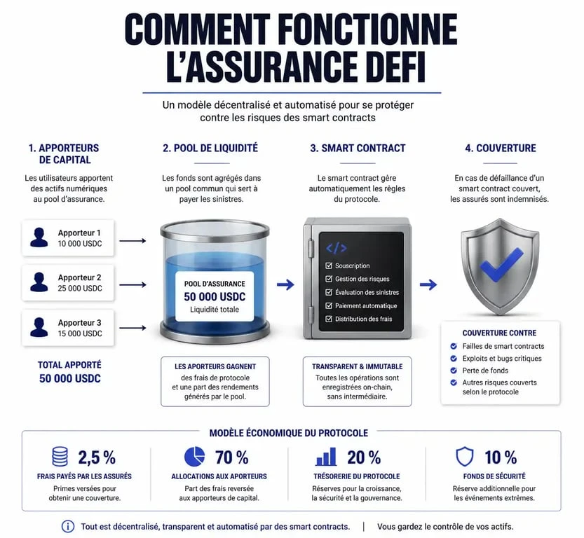 Schéma explicatif du fonctionnement de l'assurance DeFi pour protéger ses actifs crypto