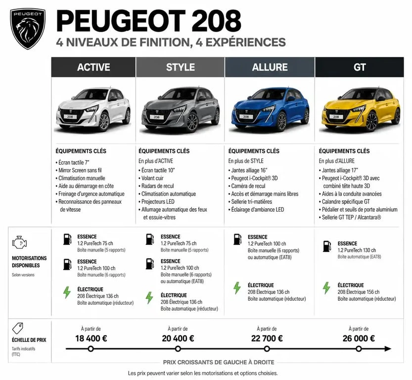 Comparatif des prix et finitions de la Peugeot 208 neuve essence 5 portes