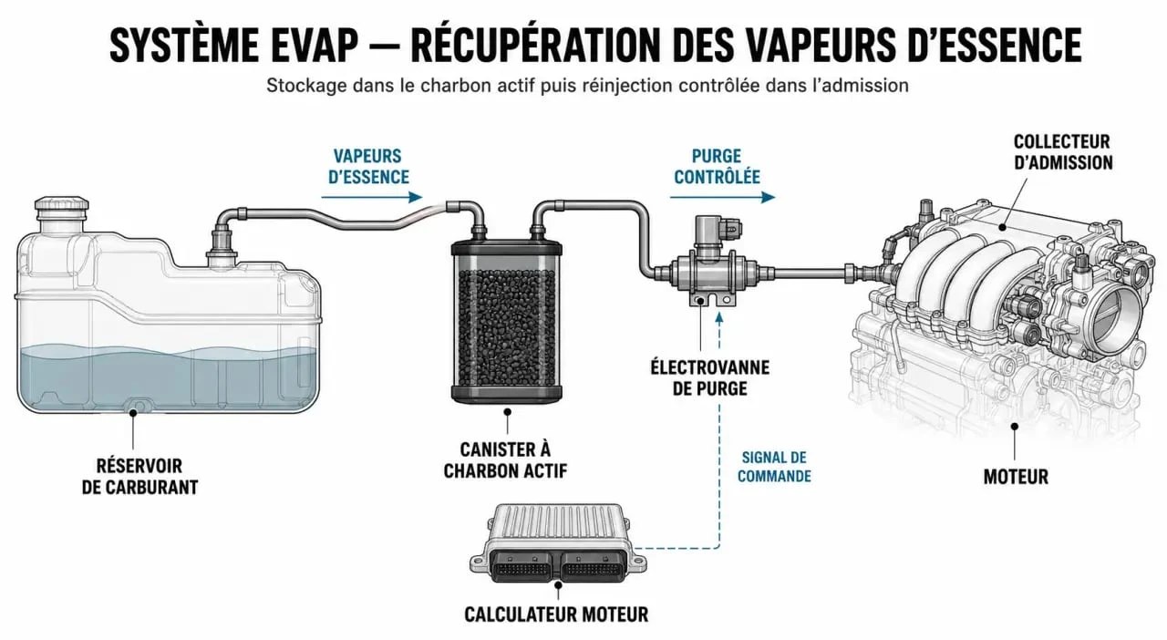 Schéma de fonctionnement du système EVAP et du canister voiture essence