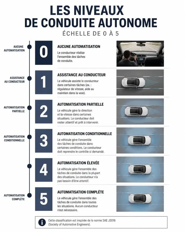 Infographie des 6 niveaux de conduite autonome SAE, de l'assistance manuelle à l'autonomie totale.