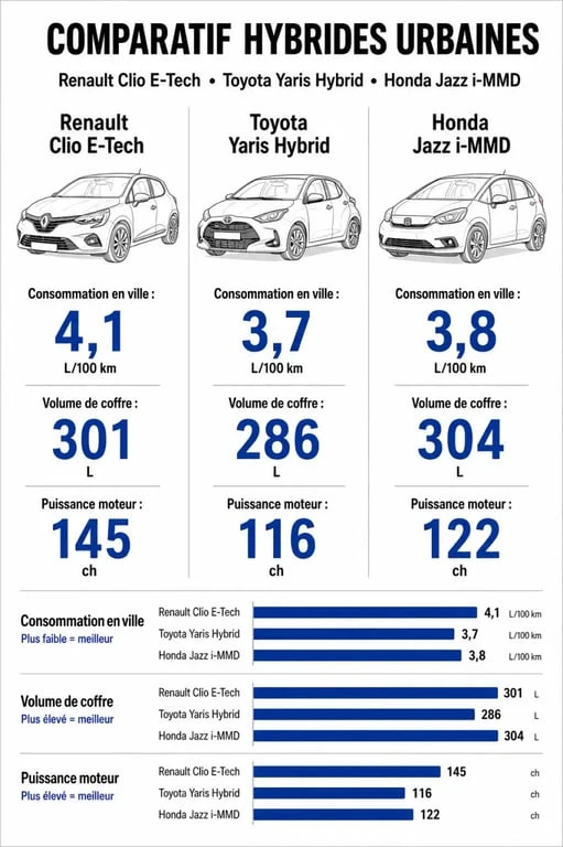 Comparatif technique Renault Clio hybride, Toyota Yaris et Honda Jazz