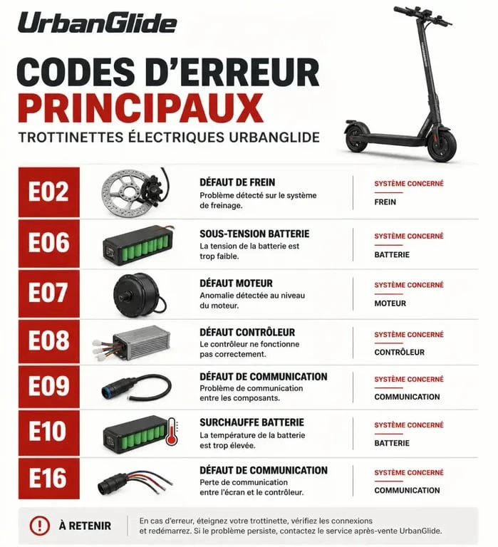 Infographie des codes erreur UrbanGlide pour le diagnostic rapide de trottinette électrique