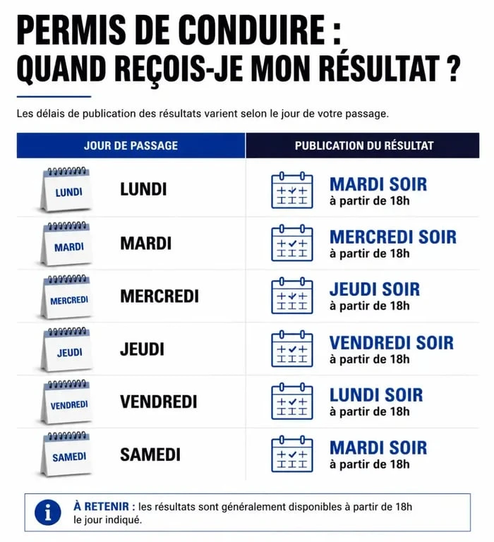 Tableau récapitulatif des délais de publication des résultats du permis de conduire