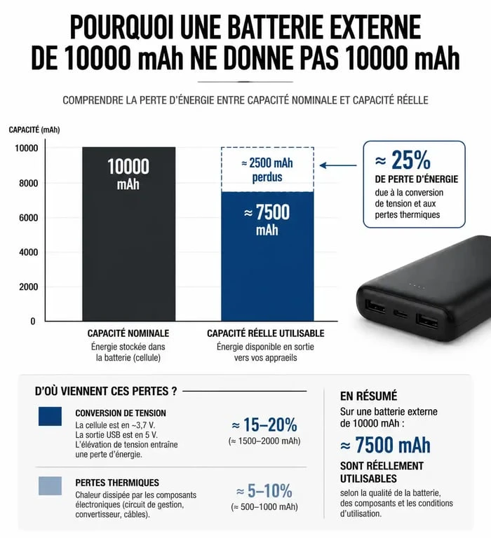 Infographie montrant la capacité réelle d'une batterie externe 10000mAh par rapport à sa capacité théorique pour comprendre combien de charges sont possibles.