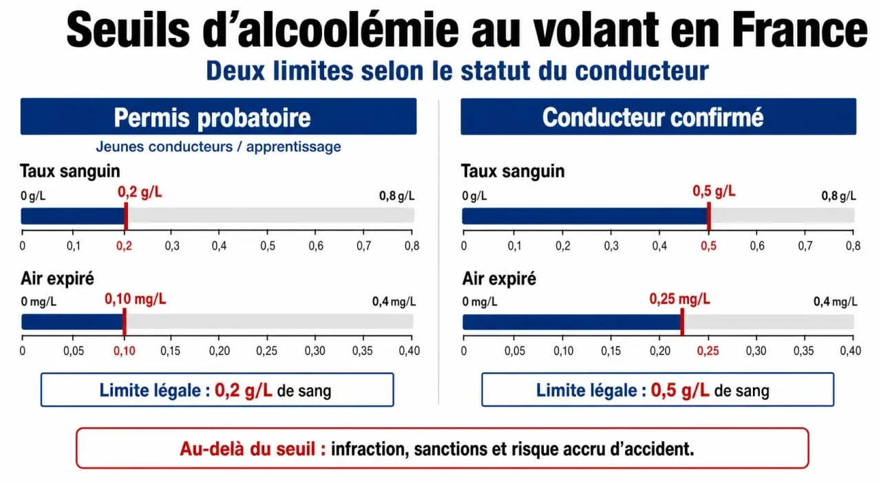 Infographie des seuils d'alcoolémie contraventionnelle et délictuelle en France