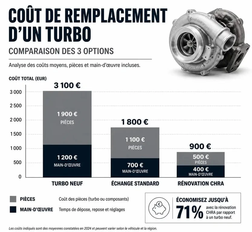 Infographie comparative du prix de main d'oeuvre et des pièces pour un changement de turbo : neuf, échange standard et rénovation.