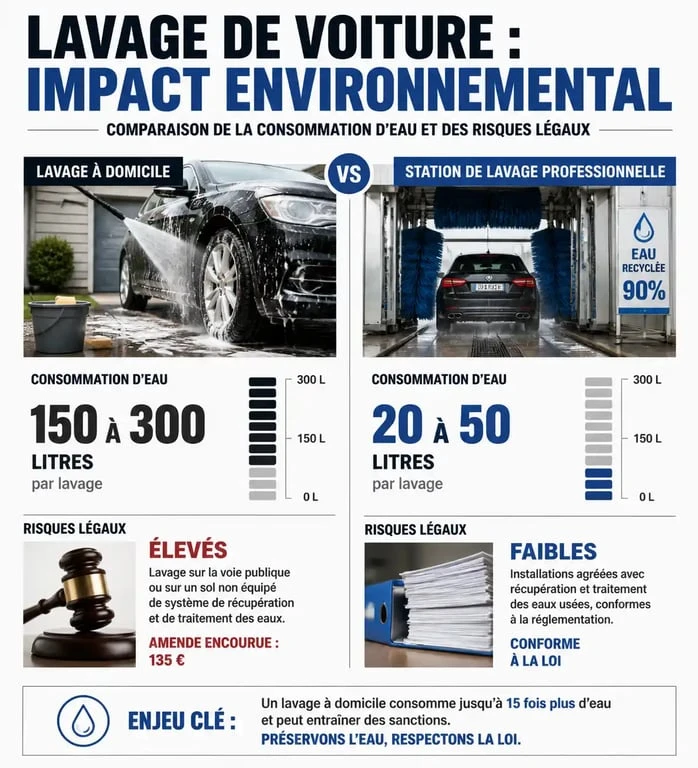 Infographie sur l'interdiction de laver sa voiture chez soi et les alternatives écologiques