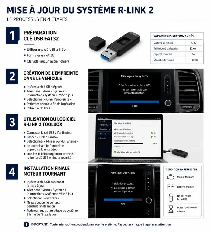 Schéma des étapes de mise à jour du système multimédia R-Link 2