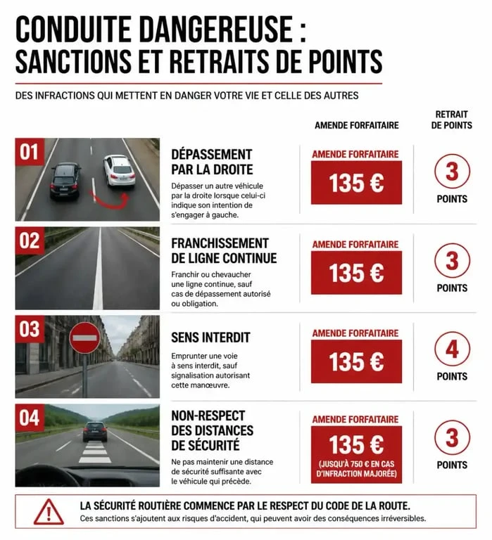 Infographie des sanctions pour conduite dangereuse : amendes et retraits de points