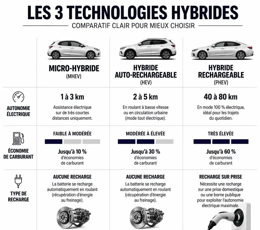 Comparatif des technologies hybrides pour choisir sa voiture : micro-hybride, hybride et rechargeable