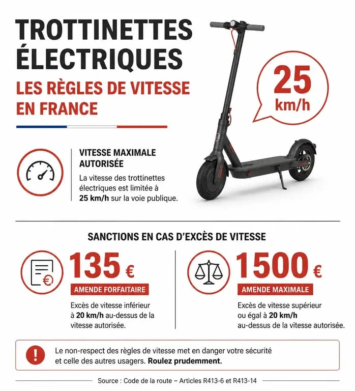 Infographie récapitulative de la vitesse maximale et des sanctions pour trottinette électrique en France