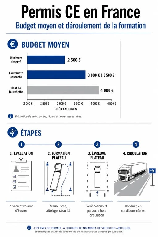 Infographie récapitulative du prix et des étapes pour obtenir le permis CE en France