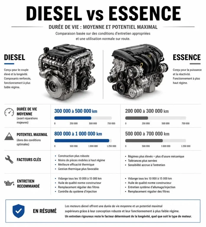 Comparatif de la durée de vie moyenne entre moteur diesel et essence