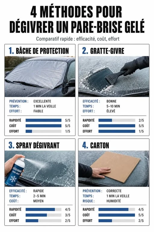 Infographie comparative des méthodes pour dégivrer un pare-brise gelé efficacement et sans risque.