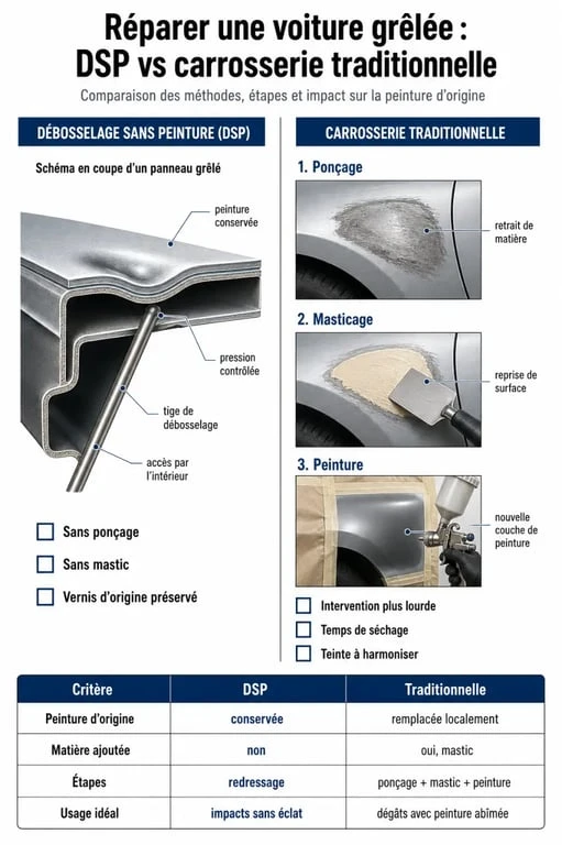 Comparaison des méthodes de réparation pour une voiture grêlée : débosselage sans peinture vs carrosserie traditionnelle