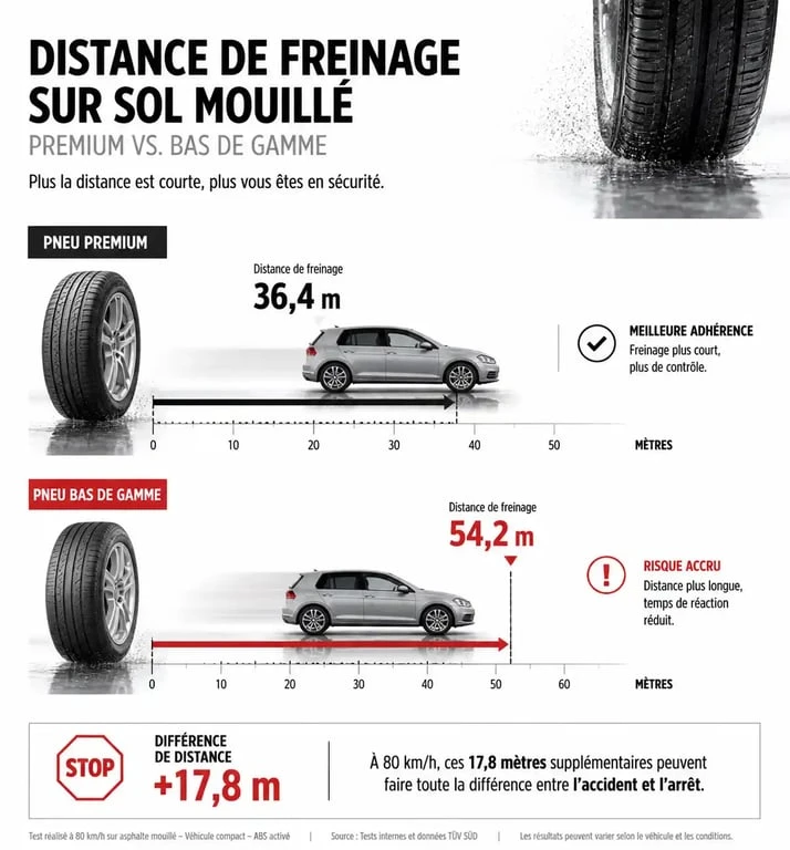 Comparatif des distances de freinage entre pneu premium et marque de pneu à éviter pour la sécurité routière