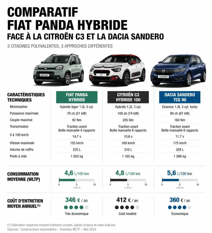 Comparatif technique Fiat Panda hybride, Citroën C3 et Dacia Sandero pour aide à l'achat