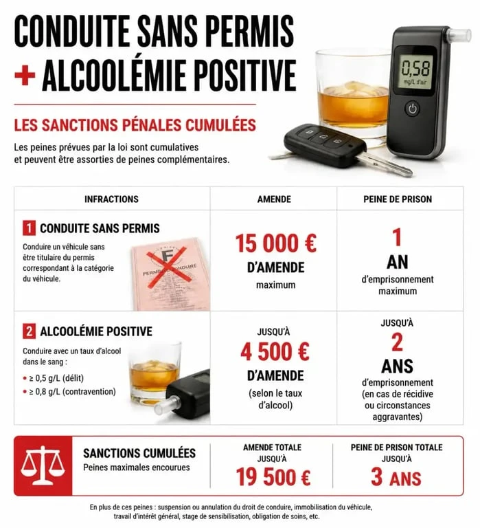 Infographie des sanctions pénales pour conduite sans permis avec alcoolémie positive